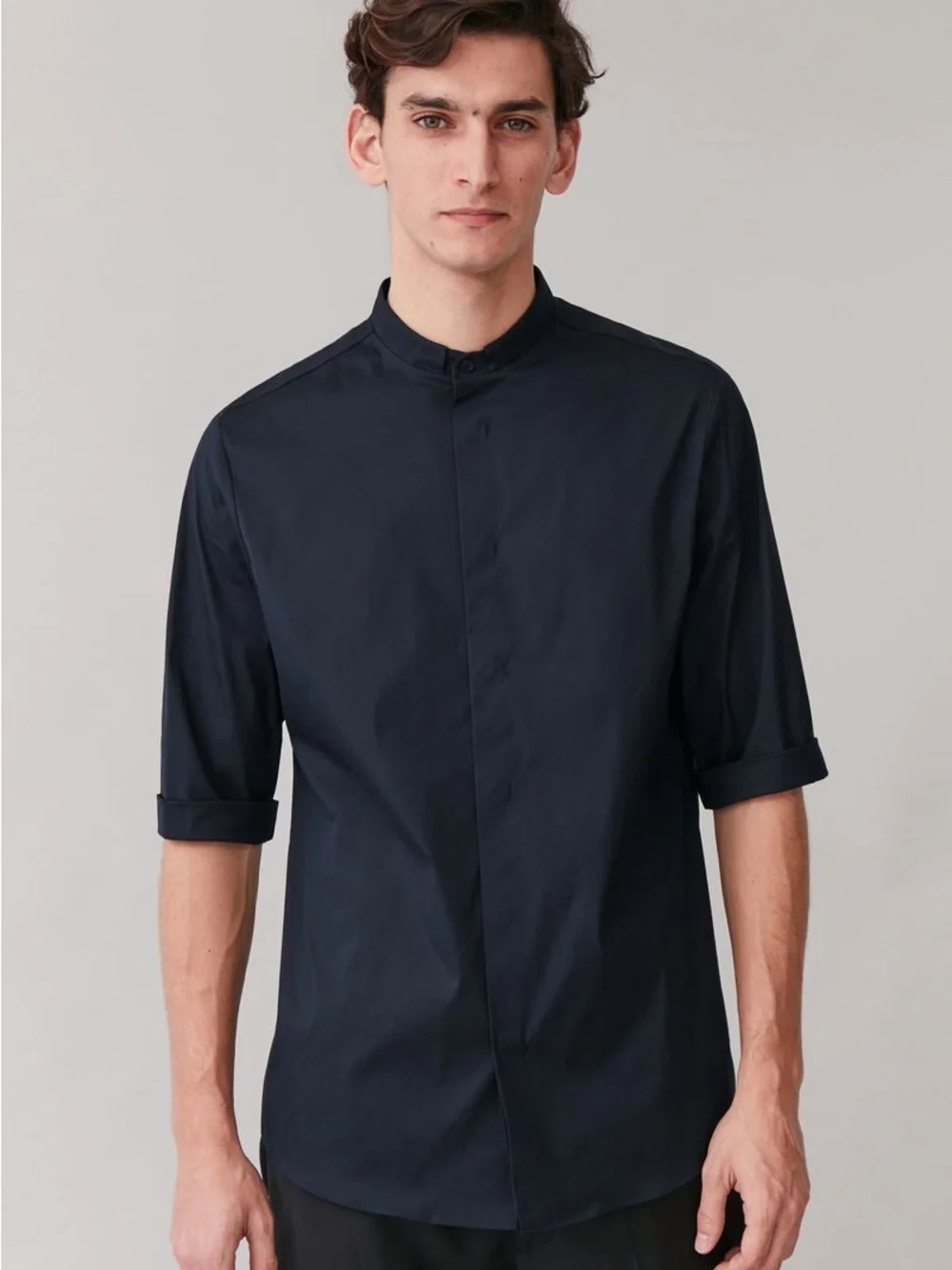 COS Navy Blue Grandad Collar Shirt Cotton Poplin Band Mandarin Collar Top Sz L - Picture 1 of 12